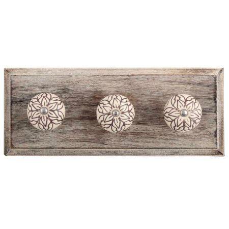 Cream Amarylis Floral Etched Ceramic Wooden Hooks